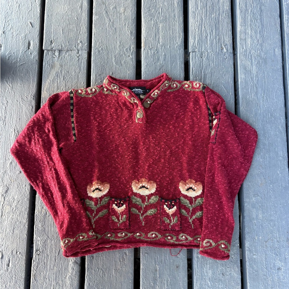 Vintage Red Floral Knit Pullover Sweater